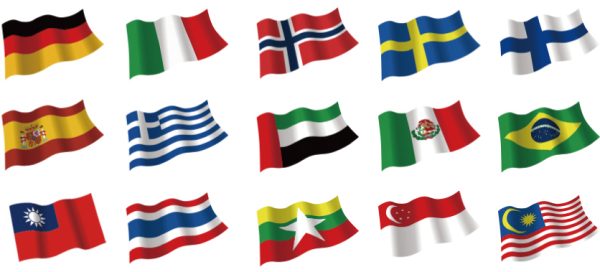 受講者の国々(台湾、シンガポールなど世界の国旗)